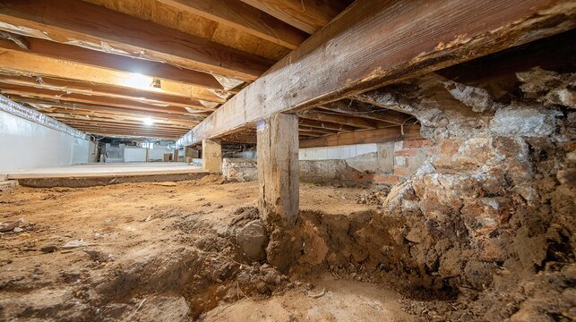 A crawl space with exposed earth under timber supports. Dampness is visible on the concrete supports, indicating potential moisture issues. Proper ventilation is essential.