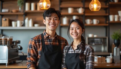 Two smiling baristas pose together at coffee shop. Asian man woman wear aprons. They work as cafe employees. Coffee house staff portrait indoor.