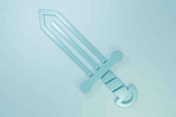 Blue Medieval sword icon isolated on blue background. Medieval weapon. Minimalism concept. 3D render illustration