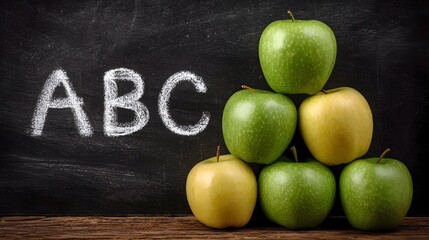 A chalkboard with "ABC" written in chalk sits beside a neat pyramid of vibrant green and golden apples, a visually striking representation of education and healthy eating.