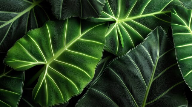 In a tranquil Asian garden, the striking Alocasia odora showcases its large, rich green leaves, capturing the beauty of nature. Sunlight filters through the foliage, creating a serene atmosphere