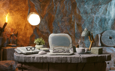 Prehistoric laptop computer made of stone on a desk