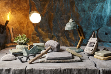 Funny prehistoric office desk in a cave