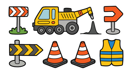 Naklejka premium Construction Icons: A collection of vibrant cartoon illustrations showcasing various construction-related symbols, perfect for conveying the essence of building and infrastructure.