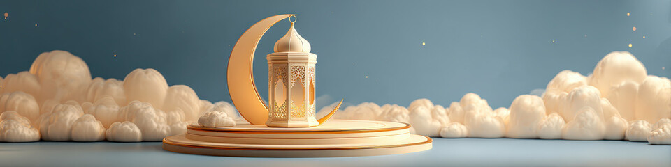 Golden crescent moon and ornate lantern on layered podium with soft clouds against blue background. Dreamy Ramadan scene symbolizing faith, peace and spirituality, ideal for Eid greeting Banner