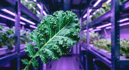Futuristic Urban Vertical Farm Kale Leaf with Purple LED Lights