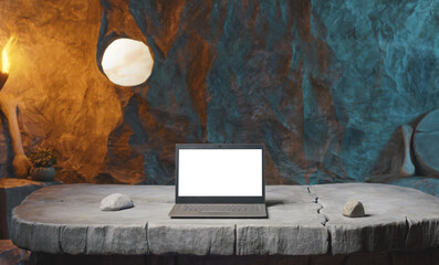 High-performance laptop on a prehistoric office desk