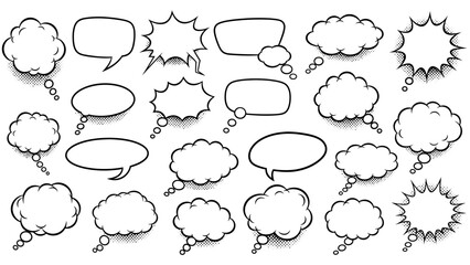Fototapeta premium Collection of Comic Book Speech Bubbles in Black and White Various Shapes and Styles.