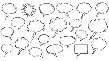 Collection of Hand-Drawn Comic Speech Bubbles and Thought Clouds in Black Outlines.