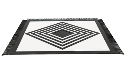 Black and white diamond pattern rug with fringe