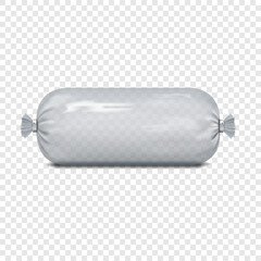 Sausage package on transparent background. Realistic 3d vector mockup. Blank cylinder product wrapper. Mock-up. Tubular roll clear empty plastic pouch packaging. Template for design