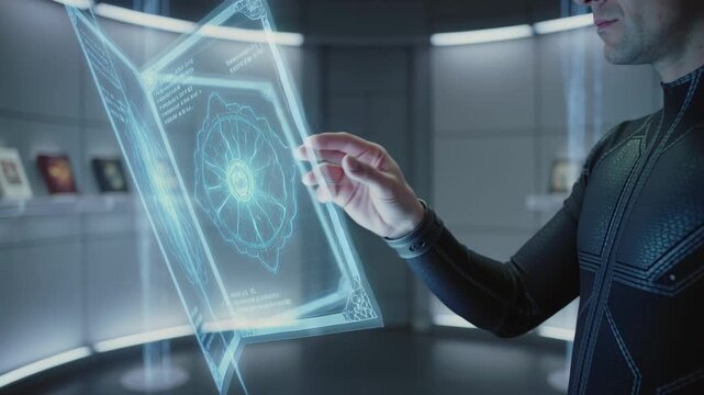 Man interacts with holographic display in high-tech room filled with books