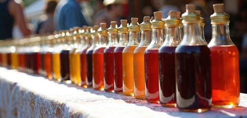 Numerous glass bottles filled with colorful homemade tinctures stand in row on outdoor table. Liquids range from deep red to golden orange, suggesting fruit herbal infusions. Rustic, artisanal