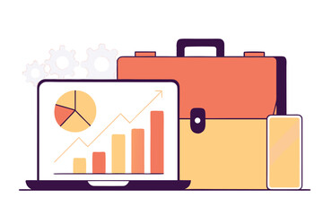 Business strategy presentation featuring laptop analytics, briefcase, and mobile device for financial growth and operational workflow concepts