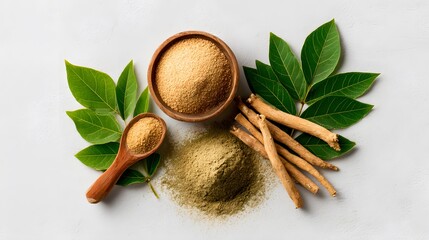 Capture of herbal supplements on a white background. Features powder in a bowl and on a spoon, alongside sticks and leaves. Promotes wellness and holistic health solutions.