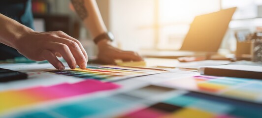 The color swatches and designer hands selecting palettes in a sunlit creative workspace