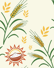 Stylized illustration featuring golden wheat stalks, harvest sun symbol, and agrarian motifs in a repeating pattern design.