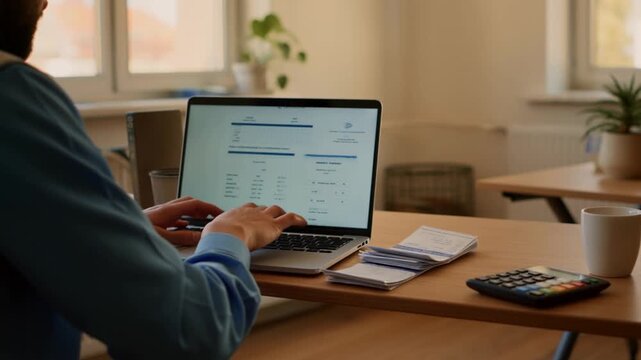 An Individual Engaged in Financial Analysis Using a Laptop, Documenting Data and Calculations During a Productive Work Session in a Bright Office Environment