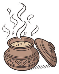 Cartoon illustration of steaming traditional clay pot filled with hot food, showcasing rustic earthenware cooking vessel design