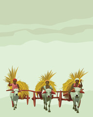 Rural agricultural workers driving oxen-pulled carts laden with freshly harvested golden grain sheaves across open fields