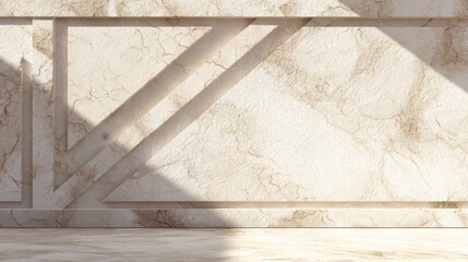 Ancient stone geometry creates shapes and forms with soft shadows on a wall during daylight. The focus is on the structured surface.