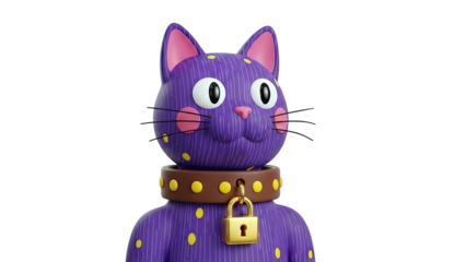 3D Cartoon Purple Cat with Yellow Spots and Lock Collar