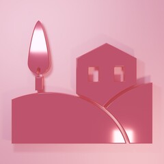 Pink Village landscape icon isolated on pink background. Minimalism concept. 3D render illustration