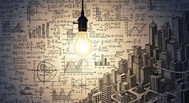 Bright light bulb illuminating a wall covered in complex mathematical formulas and data charts next to an expanding hand drawn cityscape. - Powered by Adobe