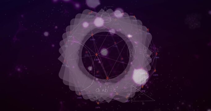 Animation of molecules over rotating shapes and math formulas on black background