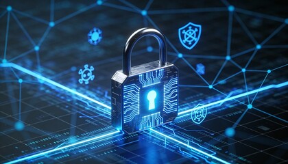 Futuristic cybersecurity protection shield with glowing check mark, digital data network security concept, privacy defense, antivirus encryption, and online safety technology background illustration