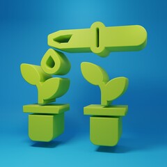 Green Drop of water drops from pipette on plant icon isolated on blue background. Medical or agricultural experiments. Fertilizers and pesticides. Minimalism concept. 3D render illustration