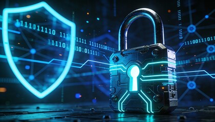 Futuristic cybersecurity protection shield with glowing check mark, digital data network security concept, privacy defense, antivirus encryption, and online safety technology background illustration