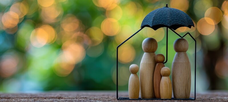 The wooden family figurines protected under an umbrella symbolizing care and unity