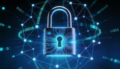 Futuristic cybersecurity protection shield with glowing check mark, digital data network security concept, privacy defense, antivirus encryption, and online safety technology background illustration