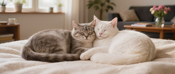 Love cat cuddle heart soft fur white cat grey cat cozy bedroom natural light peaceful nap warm home interior comfort pet friendship