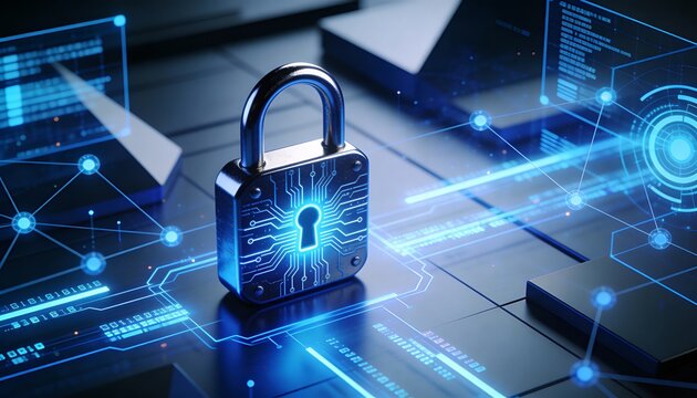 Futuristic cybersecurity protection shield with glowing check mark, digital data network security concept, privacy defense, antivirus encryption, and online safety technology background illustration - Powered by Adobe