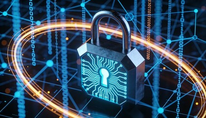 Futuristic cybersecurity protection shield with glowing check mark, digital data network security concept, privacy defense, antivirus encryption, and online safety technology background illustration