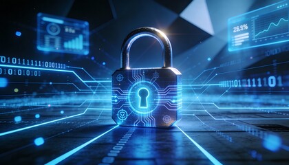 Futuristic cybersecurity protection shield with glowing check mark, digital data network security concept, privacy defense, antivirus encryption, and online safety technology background illustration