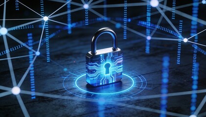 Futuristic cybersecurity protection shield with glowing check mark, digital data network security concept, privacy defense, antivirus encryption, and online safety technology background illustration