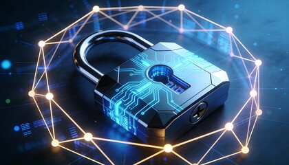 Futuristic cybersecurity protection shield with glowing check mark, digital data network security concept, privacy defense, antivirus encryption, and online safety technology background illustration