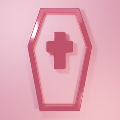 Obraz premium Pink Coffin with christian cross icon isolated on pink background. Happy Halloween party. Minimalism concept. 3D render illustration