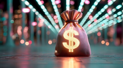 A money bag glows against a blurred cityscape. The bag is tied at the top and emblazoned with a luminous dollar sign, suggesting wealth in the city's vibrant, electric atmosphere.