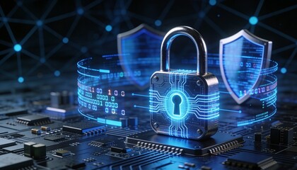 Futuristic cybersecurity protection shield with glowing check mark, digital data network security concept, privacy defense, antivirus encryption, and online safety technology background illustration