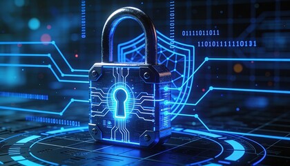 Futuristic cybersecurity protection shield with glowing check mark, digital data network security concept, privacy defense, antivirus encryption, and online safety technology background illustration