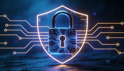 Futuristic cybersecurity protection shield with glowing check mark, digital data network security concept, privacy defense, antivirus encryption, and online safety technology background illustration