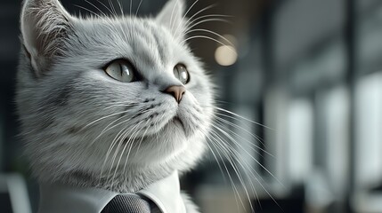 Ultra-Realistic Anthropomorphic Cat Business Leader Standing Confidently in Minimal Corporate Office, Authority and Trust Concept with Large Copy Space