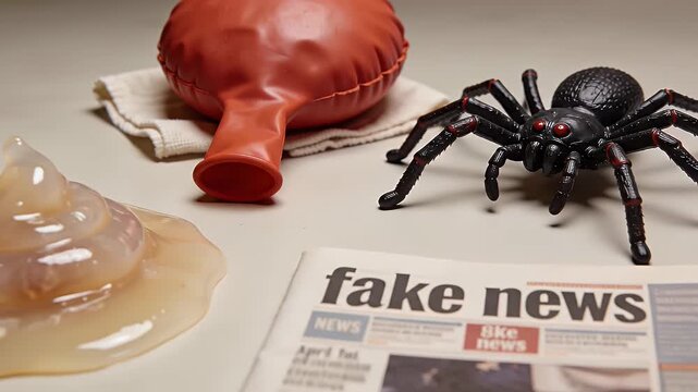 A collection of items representing pranks and misinformation, including a deflated balloon, a toy spider, slime, and a 'fake news' newspaper.