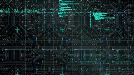 Animation of computer circuit board over data processing on black background - Powered by Adobe