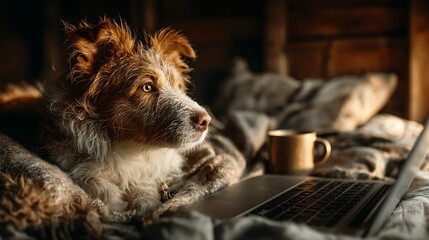 Anthropomorphic Dog Working on Laptop at Home, Soft Morning Light, Calm Remote Work Lifestyle Concept with Copy Space