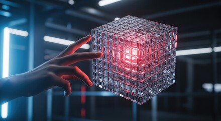 Human hand reaching towards a glowing transparent data cube with red light inside a futuristic digital environment representing advanced technology and virtual interaction